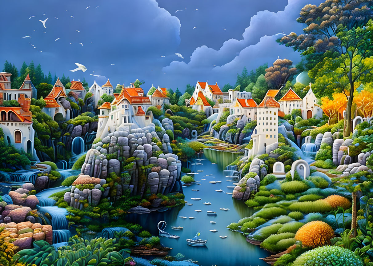 Fantastical village landscape with castles, greenery, and waterfalls