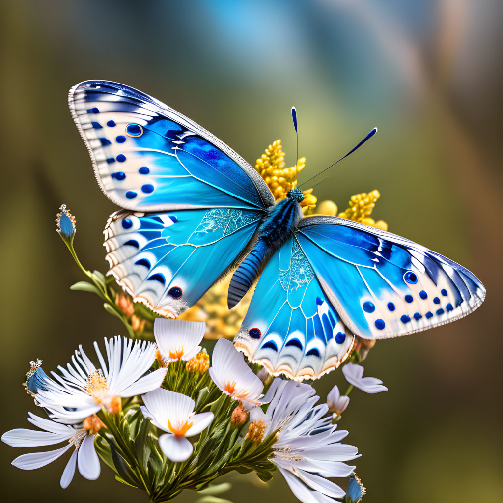 Blue butterfly with spotted wings on white flowers in soft focus