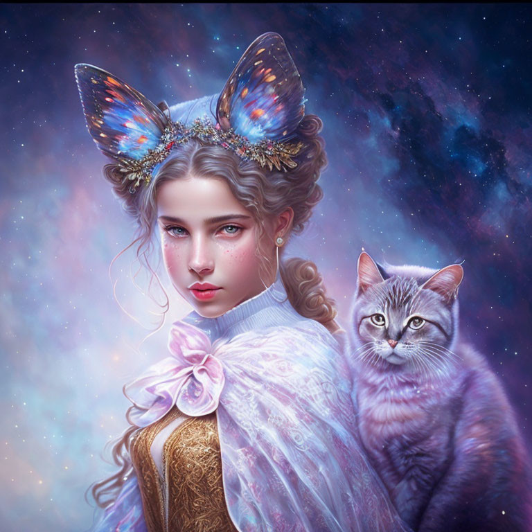 Woman with Butterfly Wings and Cat in Cosmic Setting