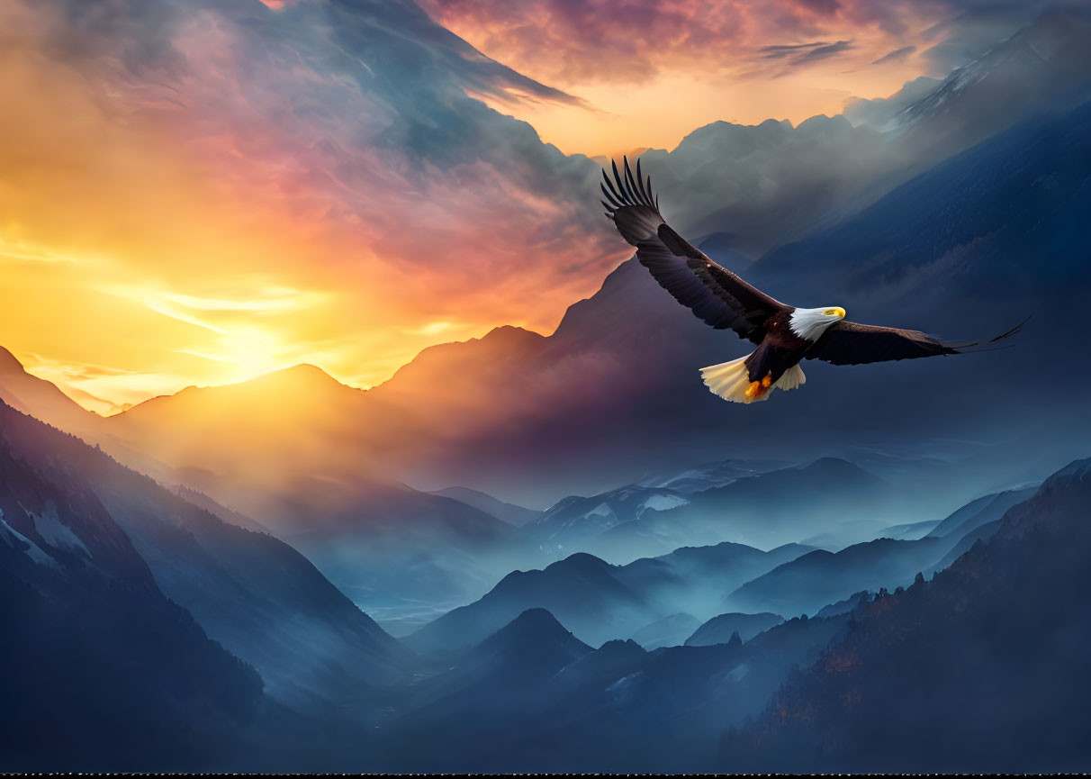 Majestic eagle flying over misty mountains at sunrise