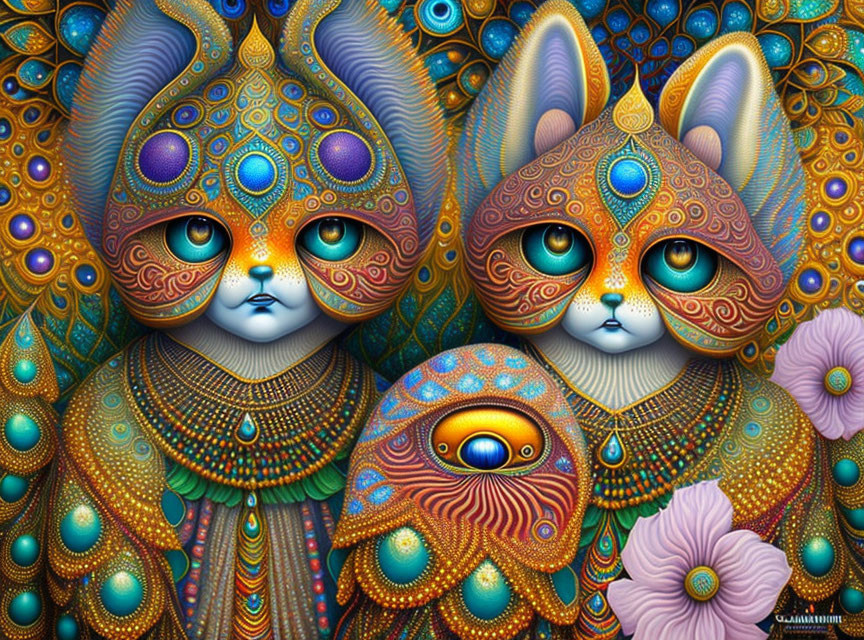 Colorful Psychedelic Art: Intricately Patterned Cats with Floral Designs