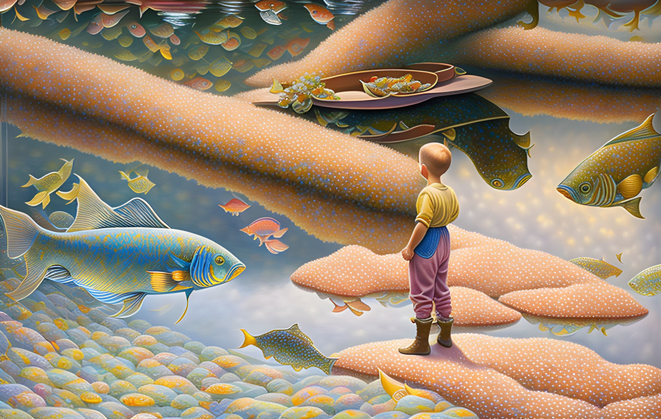 Child in overalls on fish path in surreal landscape with boats and swimming fish