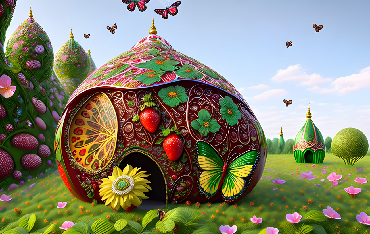 Whimsical fantasy landscape with strawberry-shaped house and flowers under clear sky