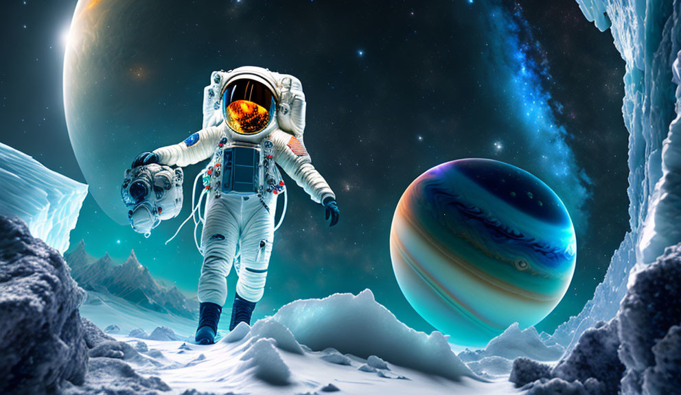 Astronaut on icy alien planet with large moon and gas giant under starlit sky