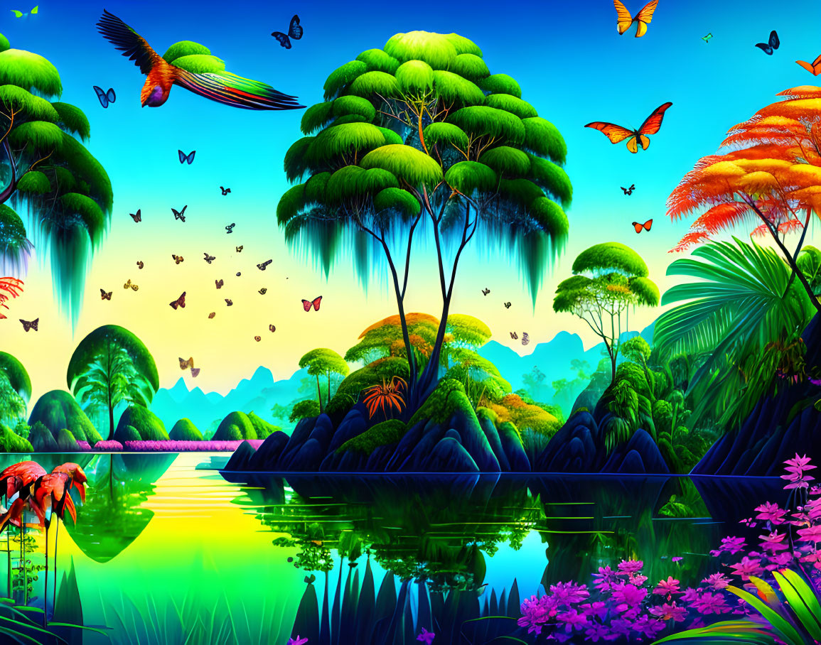 Colorful landscape with trees, lake, butterflies, birds, mountains, and sky gradient.