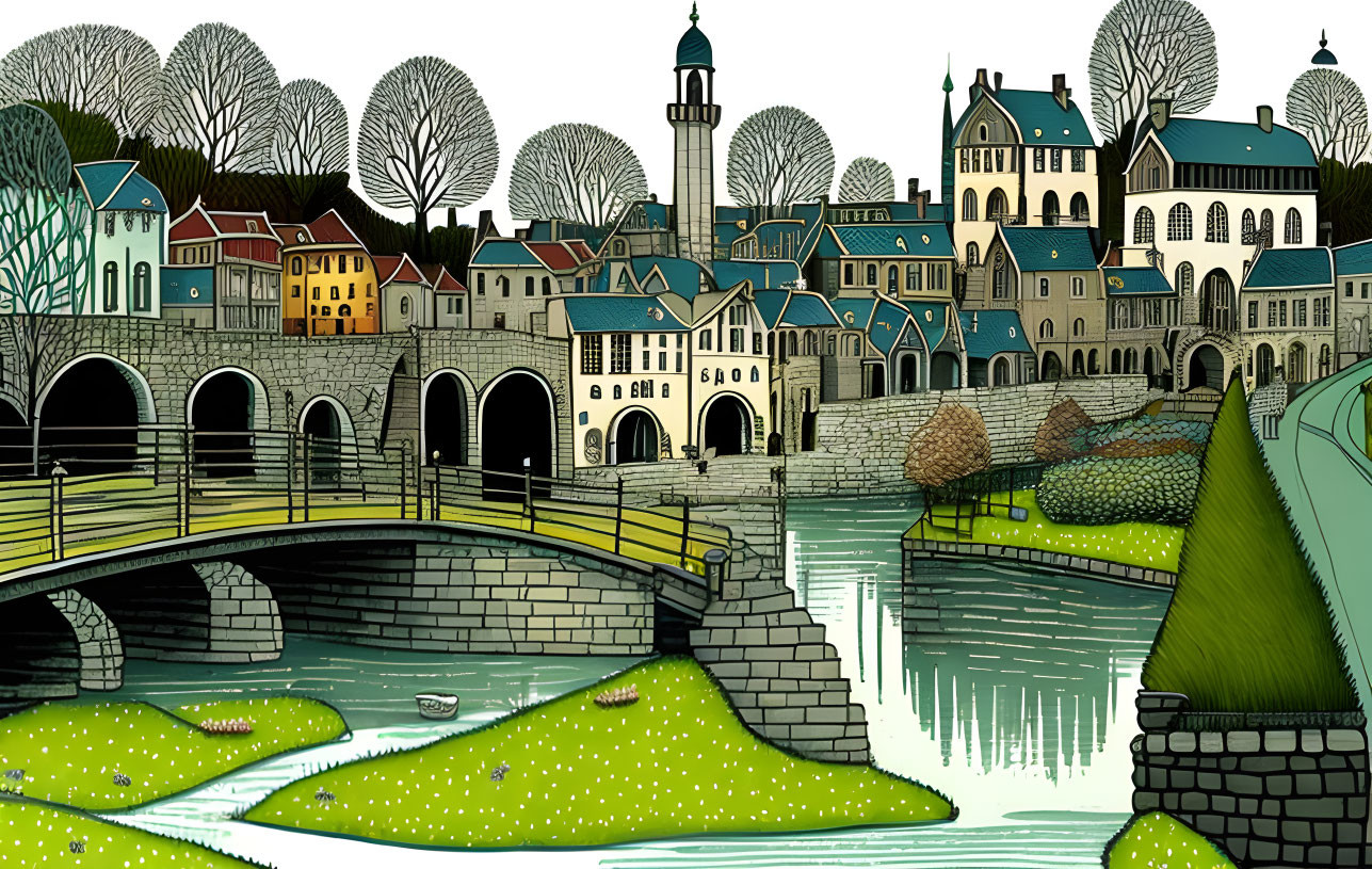 Quaint old town illustration with stone bridge, traditional houses, church, and leafless trees