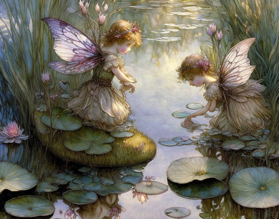 Two translucent-winged fairies by a pond with lily pads and blossoms