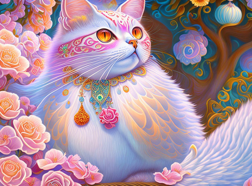 Majestic cat with intricate jewelry and wing-like fur in whimsical setting