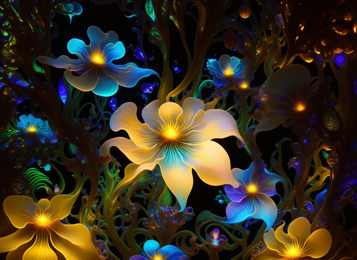 Colorful neon flowers and intricate patterns on dark background.