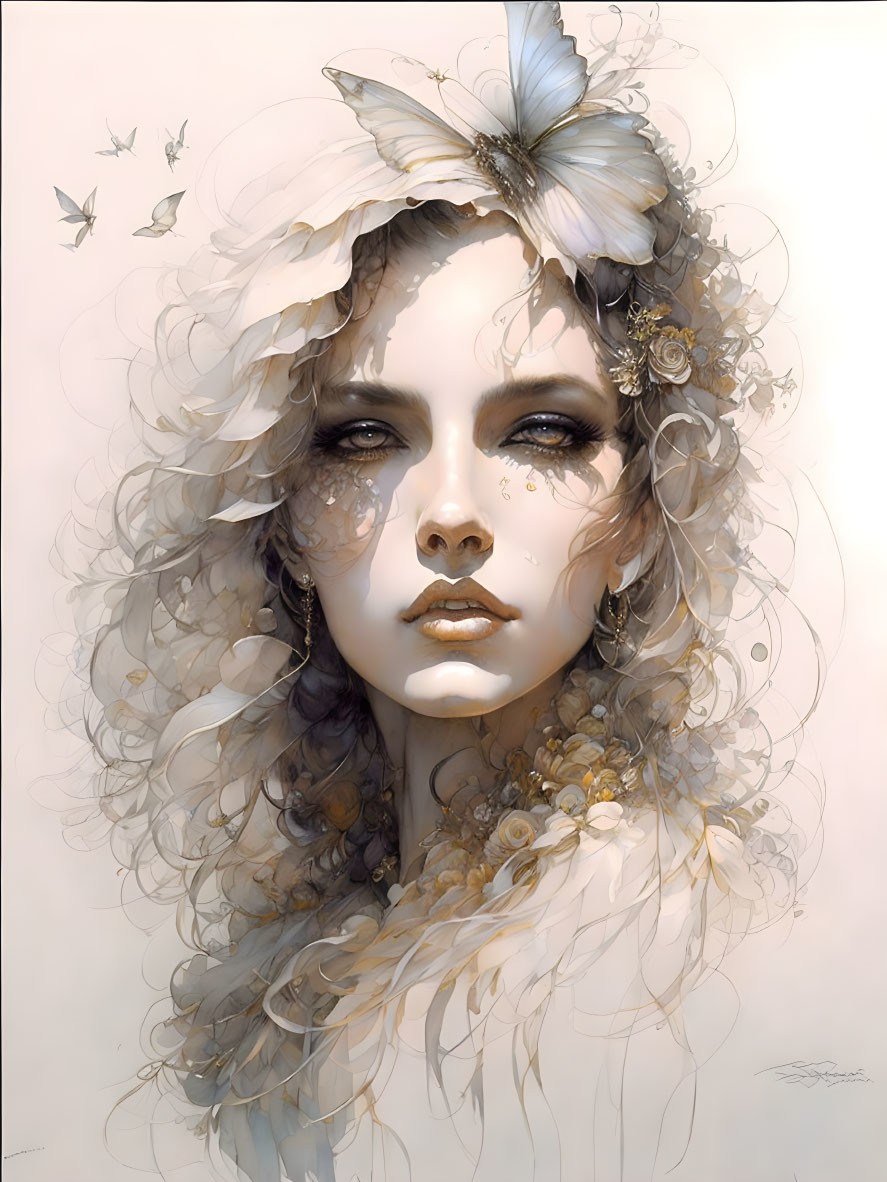 Serene Woman with Ethereal Hair and Butterflies