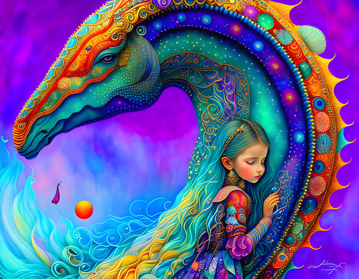 Colorful digital artwork of a girl with blue hair and ornate outfit beside a mystical horse on a