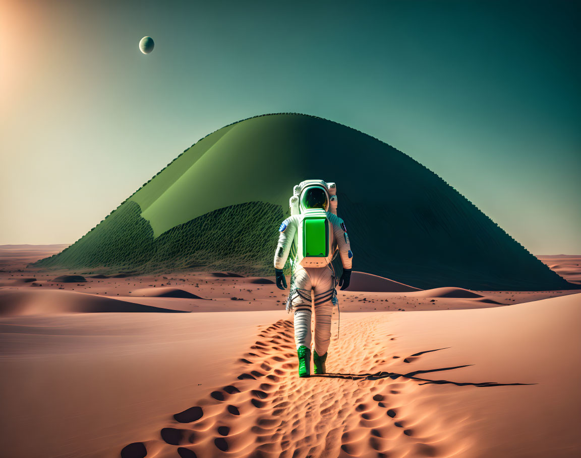 Astronaut walking on barren desert planet with large dune and moon in sky