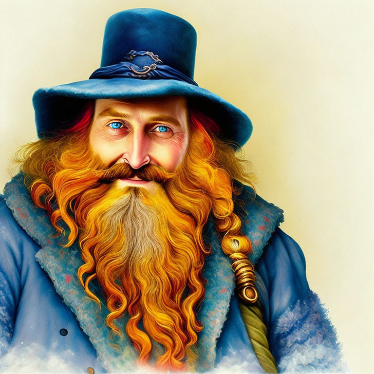 Bearded Man in Blue Hat and Coat with Orange Hair