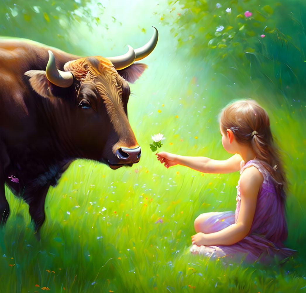 Young girl in purple dress offering flower to brown bull in sunlit meadow