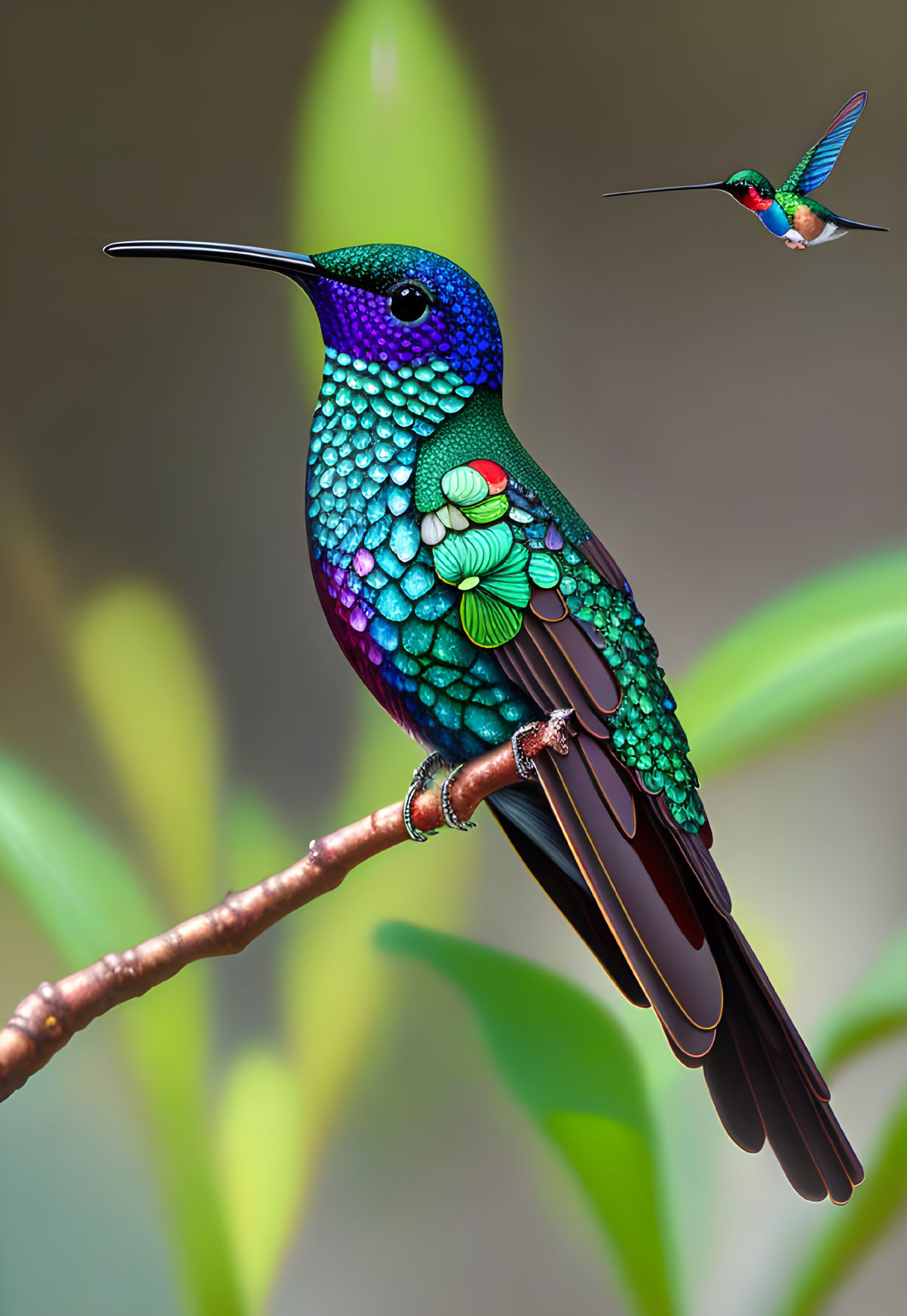 Colorful hummingbird perched on branch with another in flight