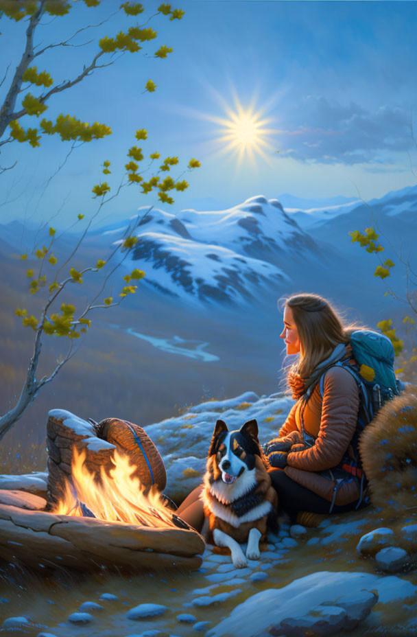 Woman and dog at campfire in snowy mountain landscape at sunset