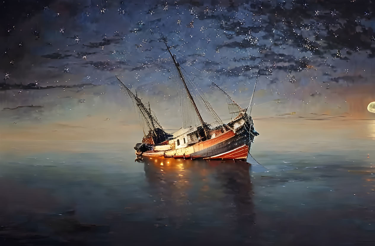 Shipwreck under starry night sky with crescent moon on calm water