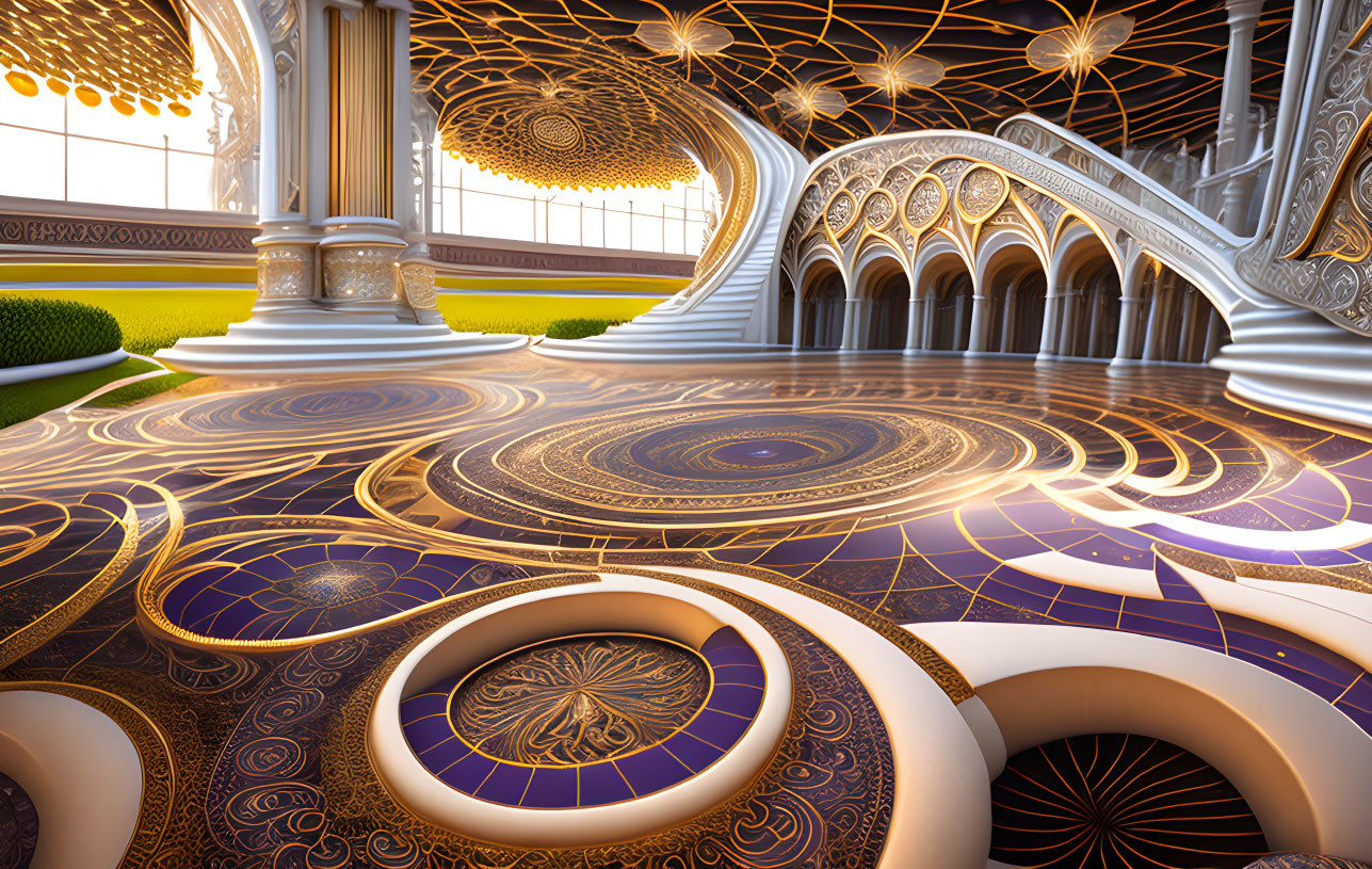 Luxurious Interior with Golden Ceilings and Purple-Gold Patterned Floor