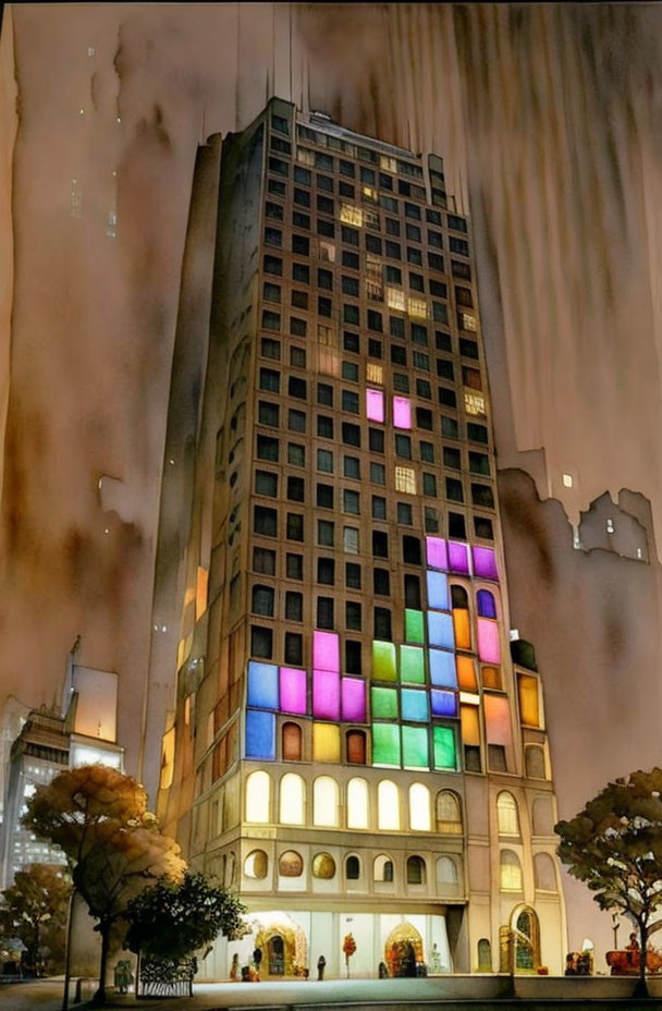 Colorful illuminated windows create Tetris-like pattern on high-rise at dusk