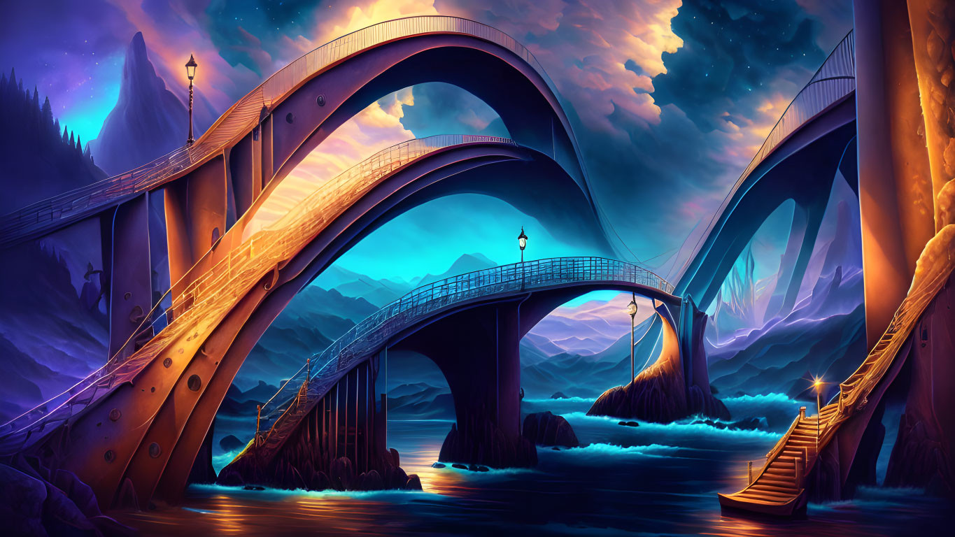 Digital artwork: Twilight scene with arched bridges over calm water