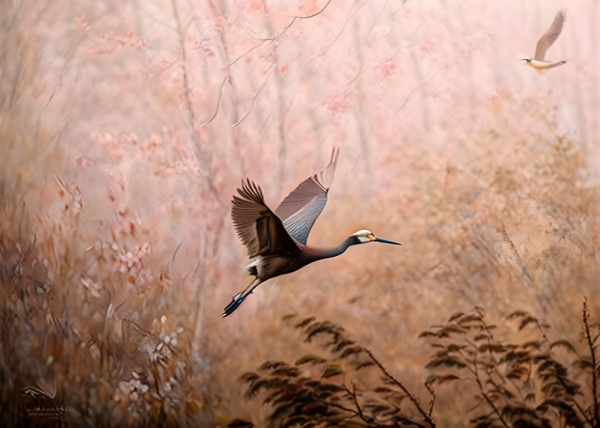 Birds in flight amidst pink blossoms and foliage scenery.