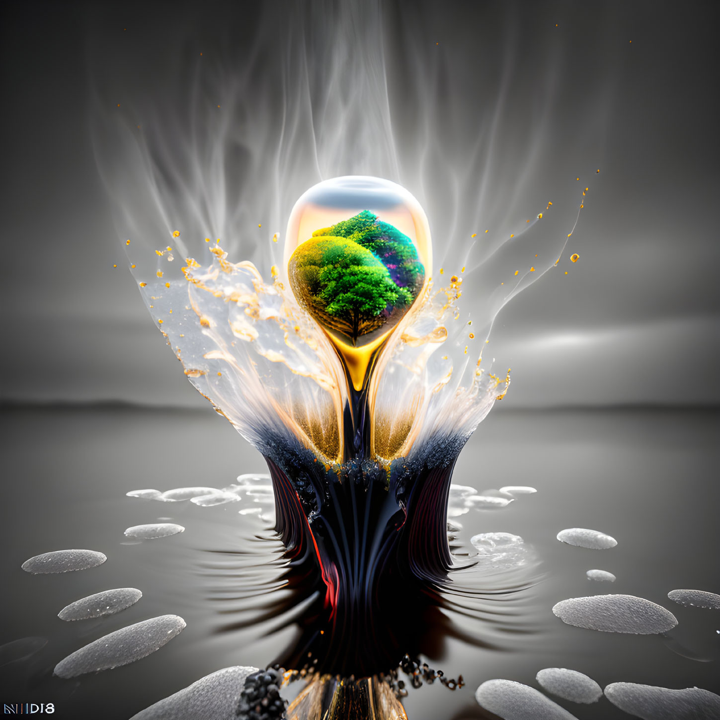 Surreal digital artwork: liquid explosion in hourglass figure