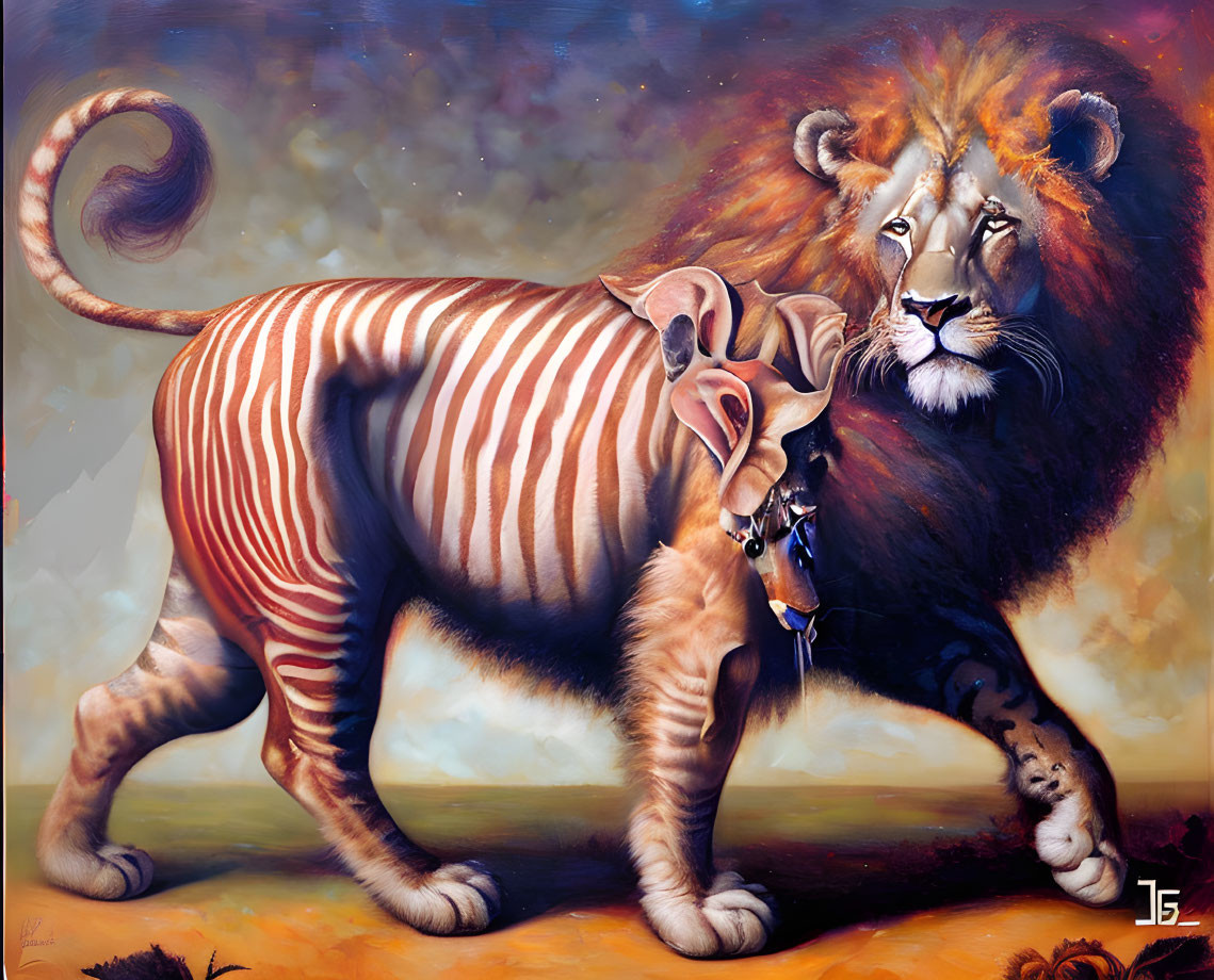 Surreal lion with zebra stripes and curly tail under vibrant sky