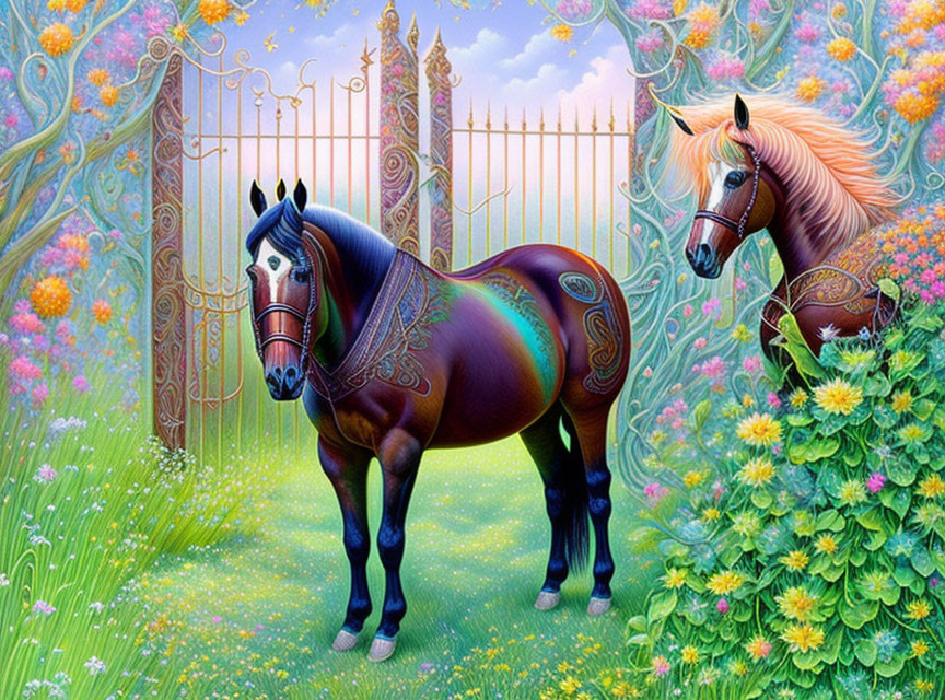 Ornately patterned horses in vibrant fantasy garden