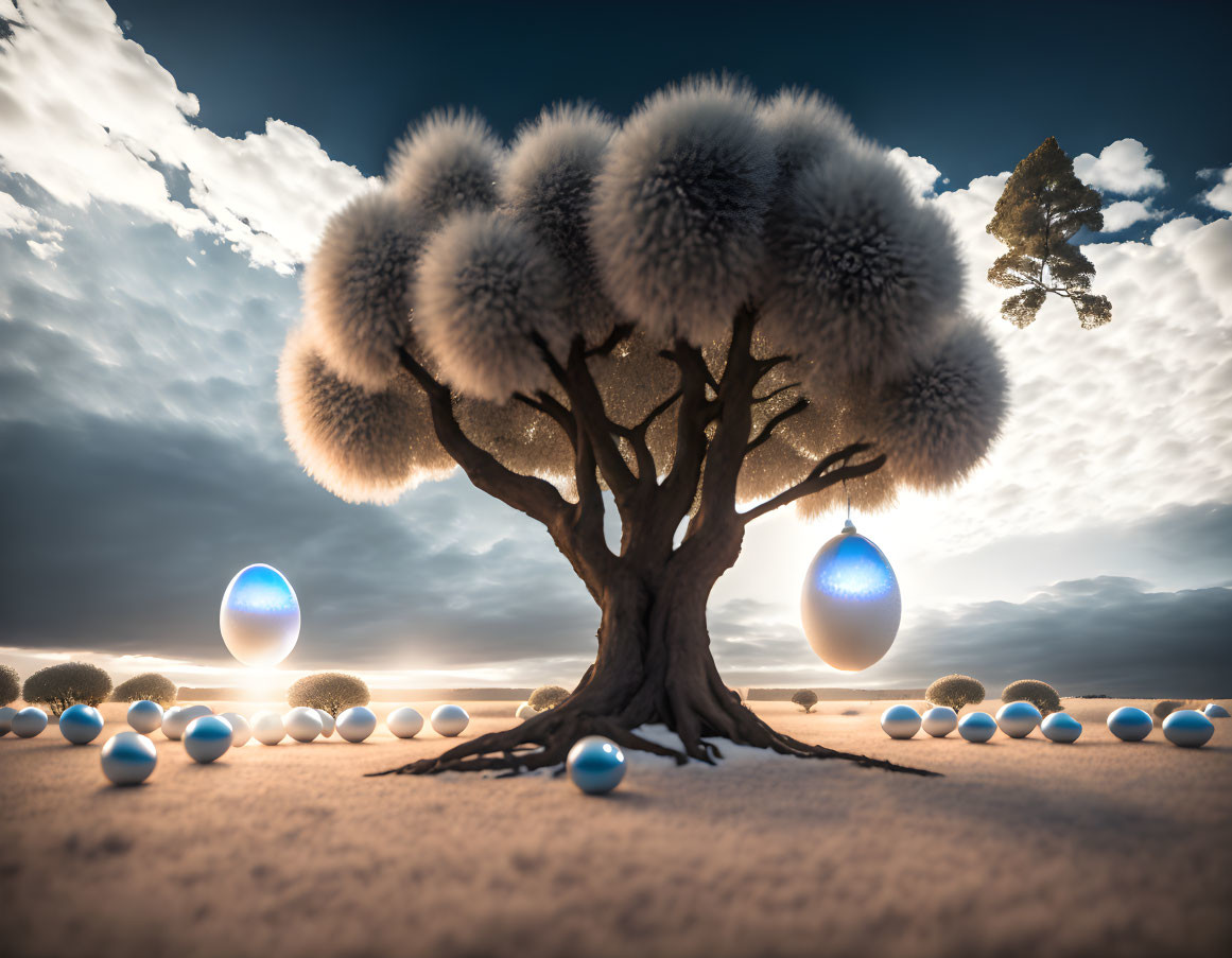 Surreal landscape with fluffy tree, shining orbs, dramatic sky