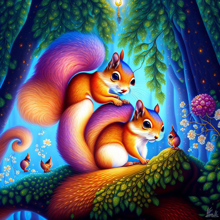 Colorful Artwork: Stylized Squirrels on Tree Branch with Birds in Blue Forest