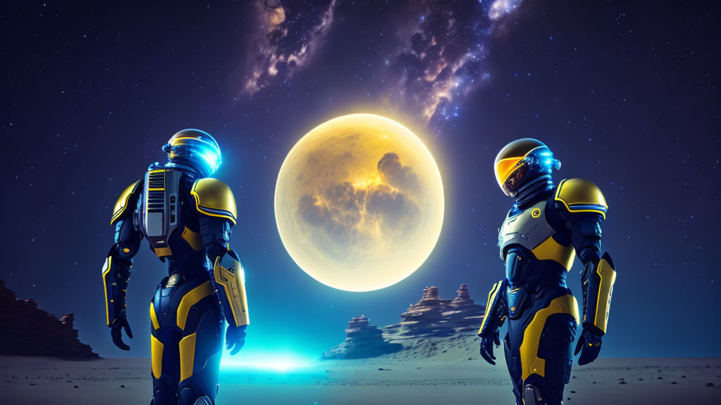 Astronauts in yellow and white suits on rocky night landscape