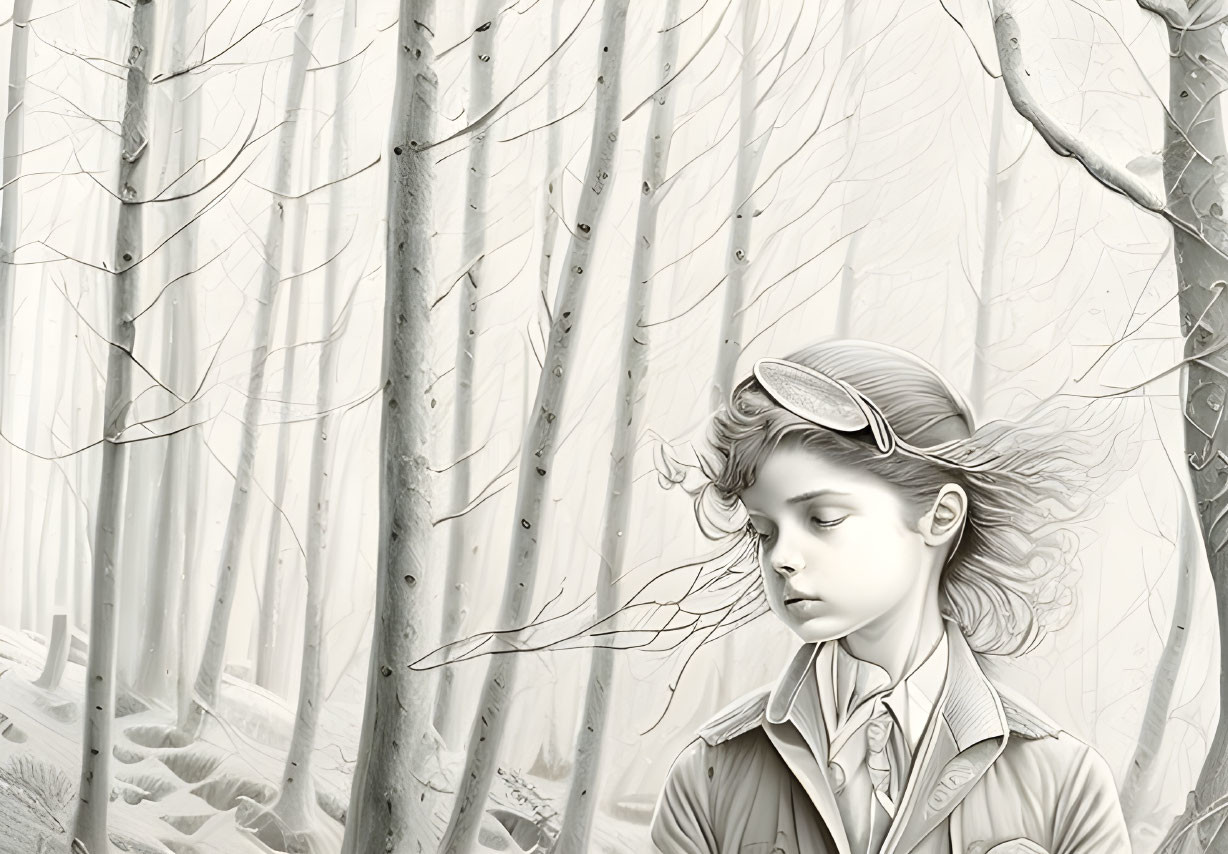 Monochrome illustration of young girl in serene forest