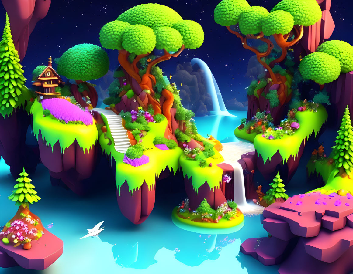 Fantastical landscape with floating islands, waterfalls, river, and cottage