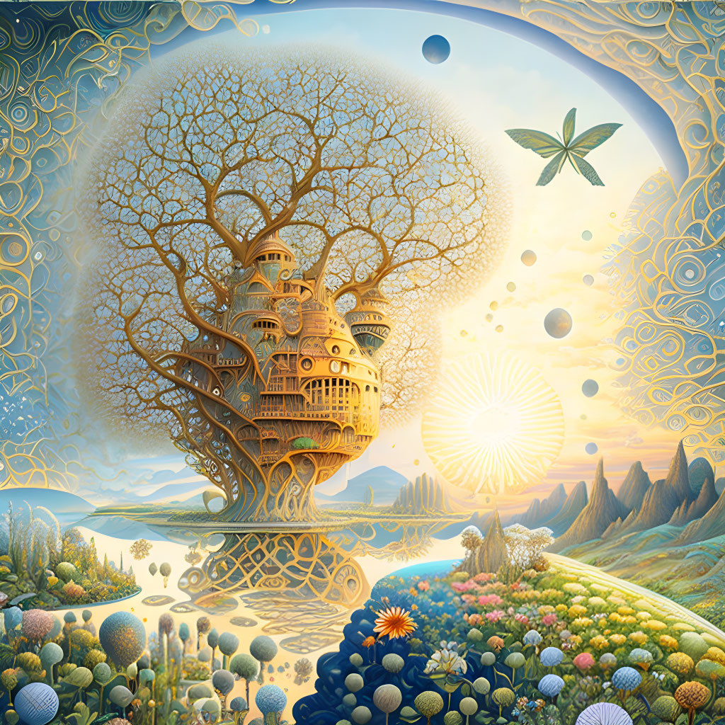 Fantastical landscape with treehouse, intricate patterns, vibrant plants, sun, and orbs under clear