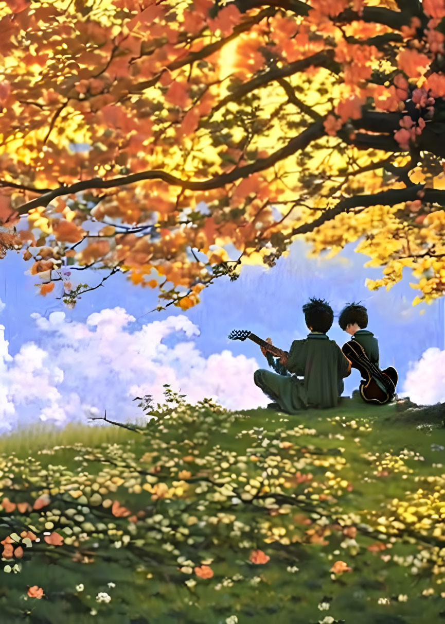 Two people under autumn tree, one plays guitar, gazing at cloudy sky