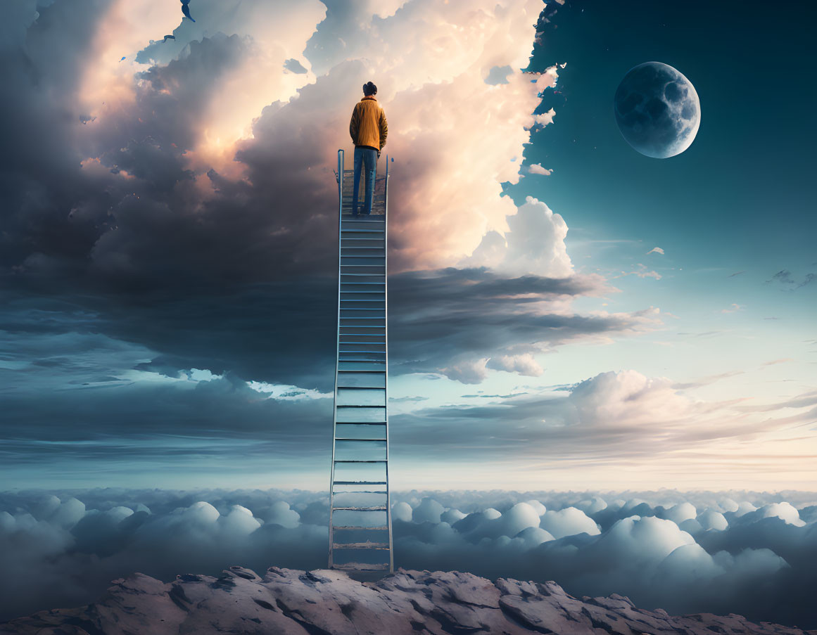 Person on Tall Ladder in Clouds with Moon and Surreal Landscape