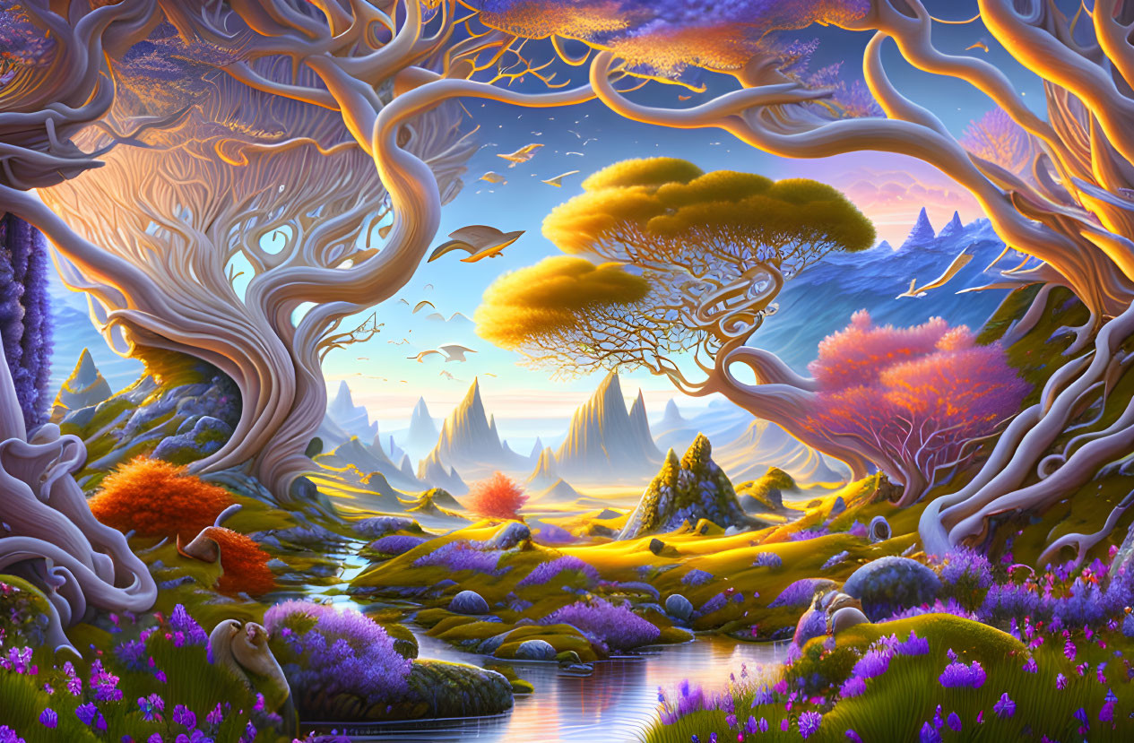 Colorful fantasy landscape with twisted trees, serene river, and mountains.