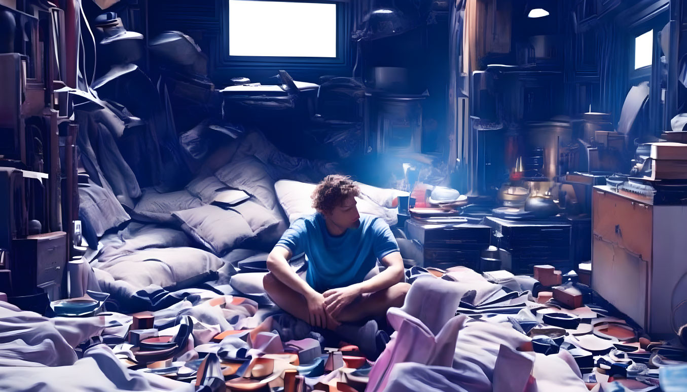 Cluttered room with person sitting among books and papers