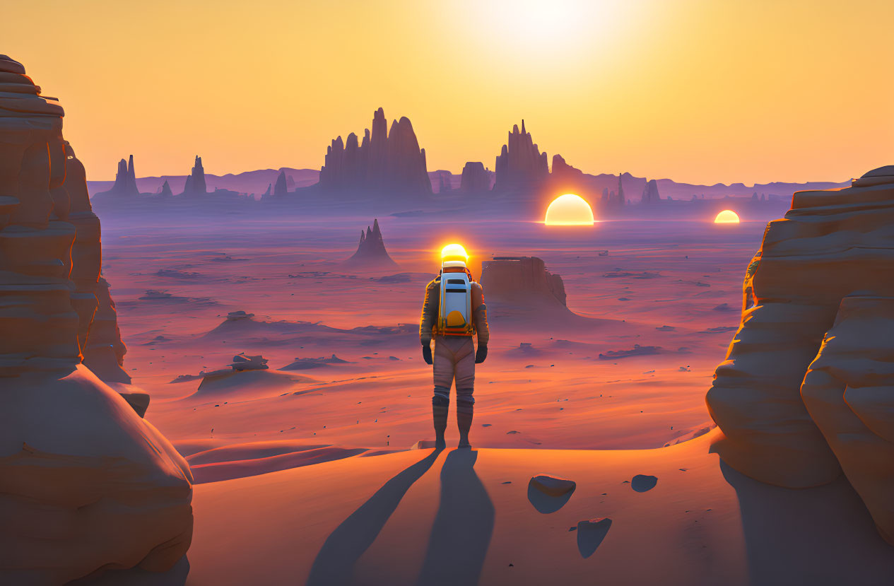 Person with backpack in vast desert at sunset with distant rock formations and two suns on horizon.