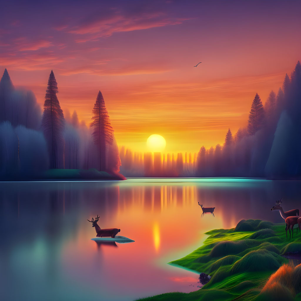 Tranquil sunset over lake with pine trees and deer