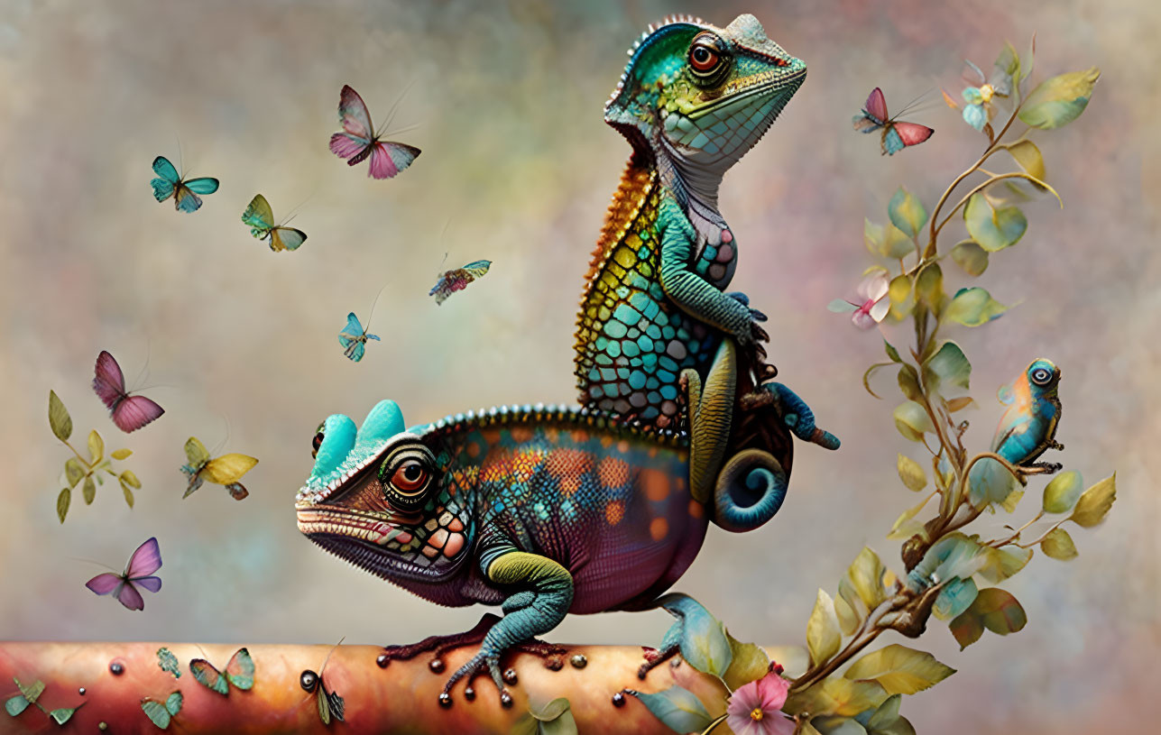 Colorful chameleons and butterflies on branch in dreamy setting