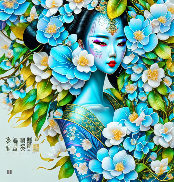 Illustrated Blue Woman Surrounded by Flowers and Intricate Details