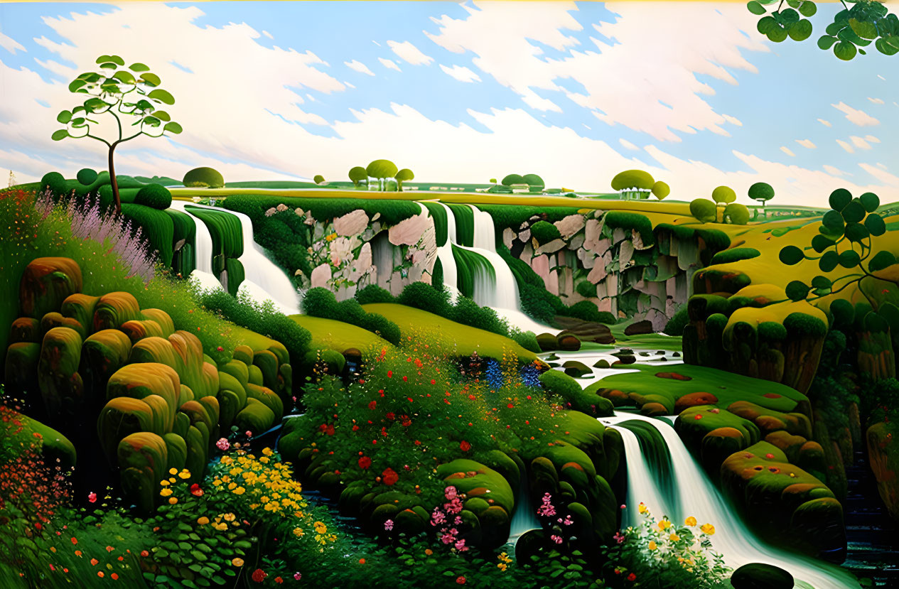 Colorful Waterfall Landscape with Rolling Hills and Flora