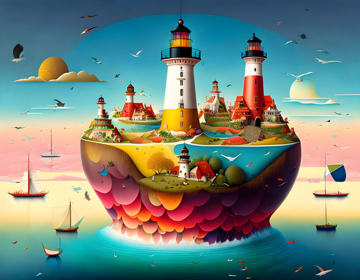 Colorful floating island with twin lighthouses, sailboats, and birds at sunset