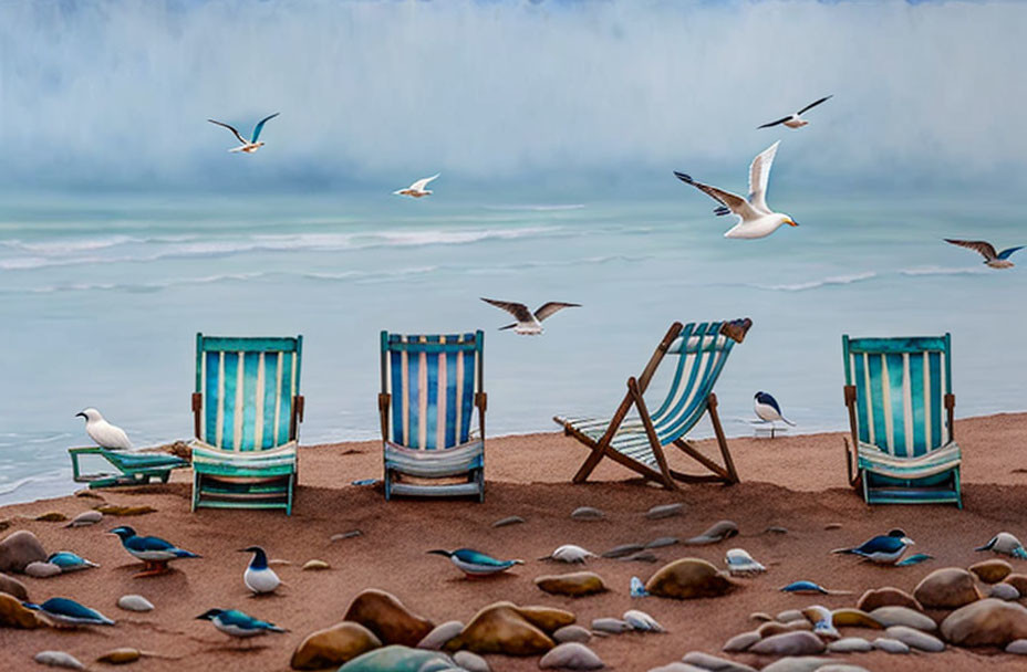 Empty Striped Beach Chairs on Pebbly Shore with Seagulls and Serene Sea