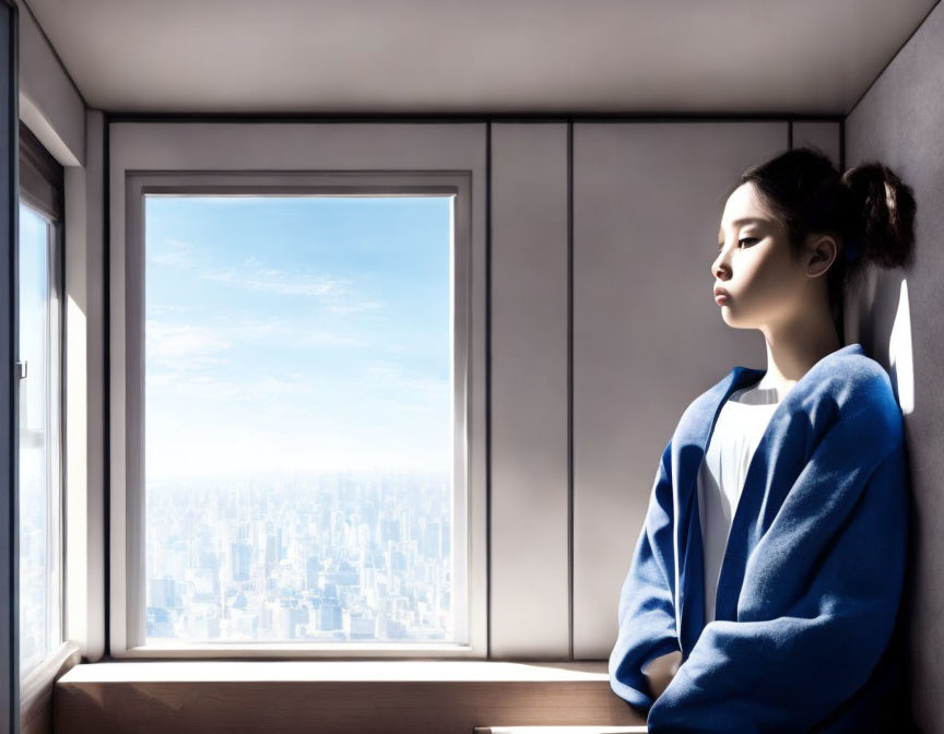 Woman in Blue Top Contemplating Cityscape from Window