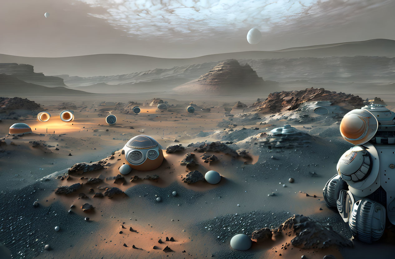 Futuristic robots and hovering spheres in desolate landscape