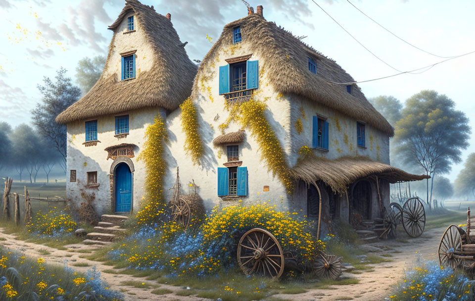 Rustic cottage with thatched roof, vines, and wagon wheel in wildflower meadow