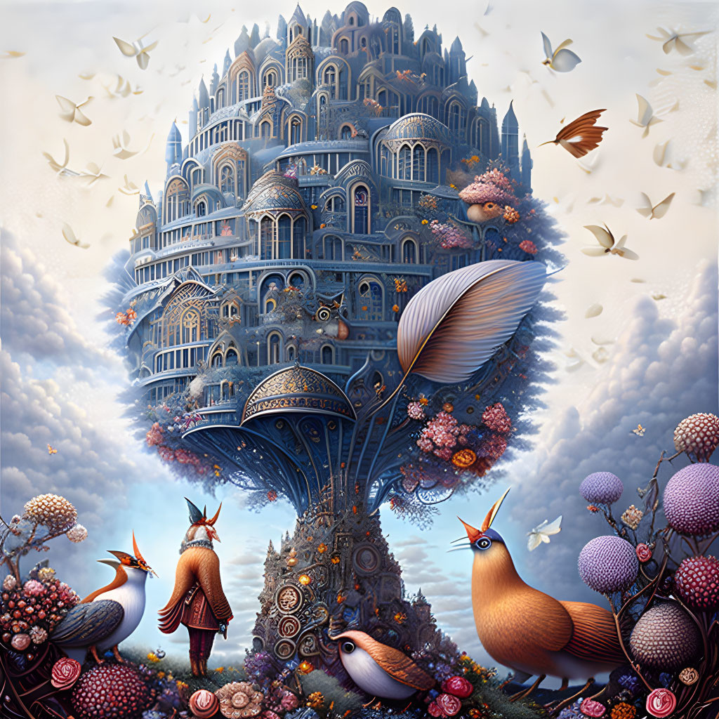 Fantastical tree with ornate castle, clouds, birds, and whimsical creatures in vibrant style