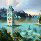 Ethereal fantasy landscape with white tower, teal waters, green isles, misty mountains